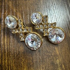 Vintage Gold Tone Large Rhinestone Clip on Earrings Chunky Cocktail Statement